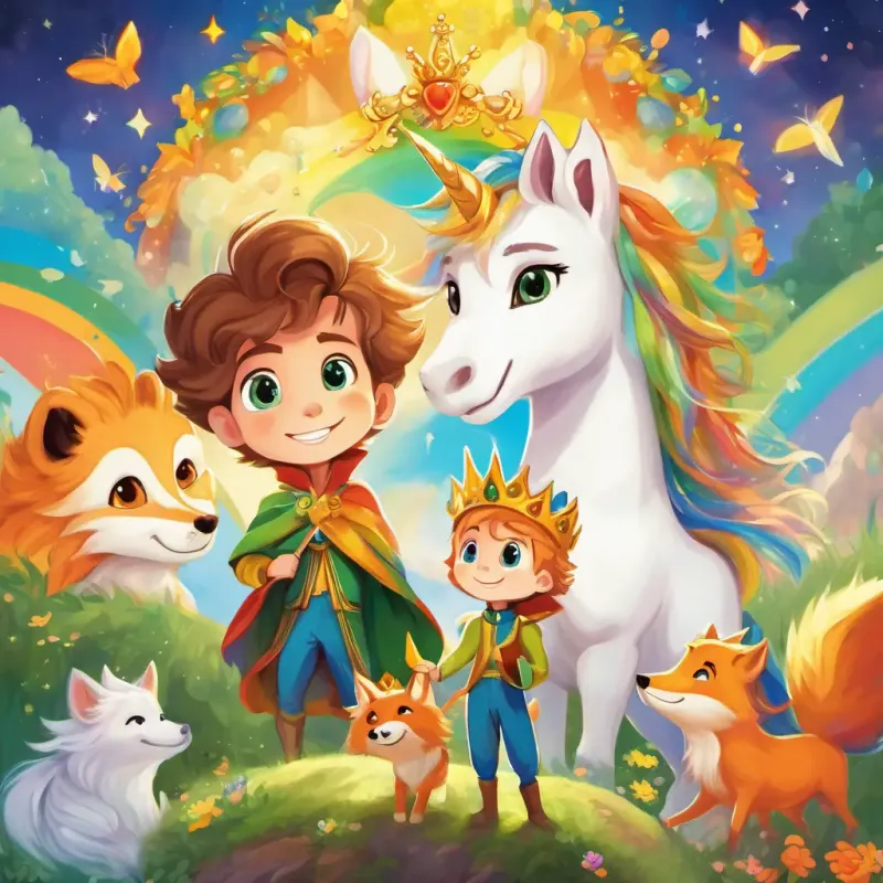 A picture of Brave little prince with brown hair, blue eyes, and a golden crown, Clever fox with orange fur and bright green eyes, and Kind unicorn with a white coat and flowing rainbow mane sharing the treasure with smiling people.