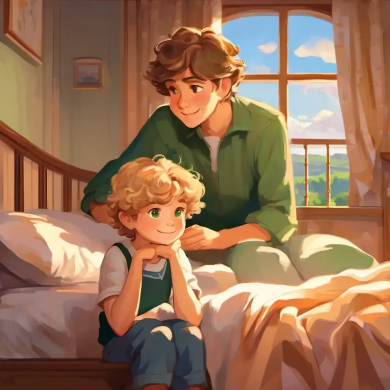 Young boy, brown hair, brown eyes, tender expression and Little girl, blonde curls, green eyes, nostalgic smile in bedroom, morning, feeling sad