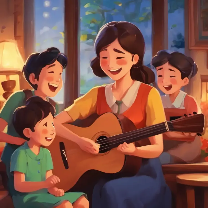 Family singing, mother's photo, emotional bonding