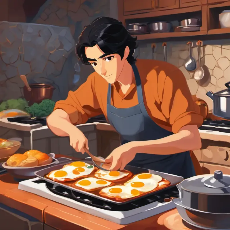 Kind man, black hair, brown eyes, gentle and strong cooking breakfast, new routine