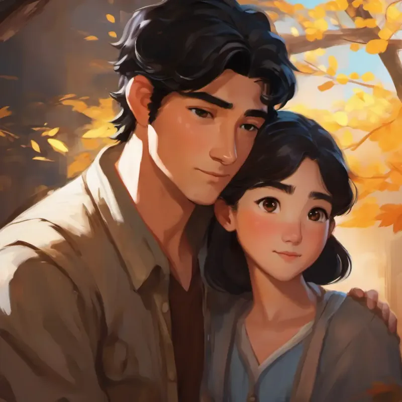 Kind man, black hair, brown eyes, gentle and strong showing affection, reassurance