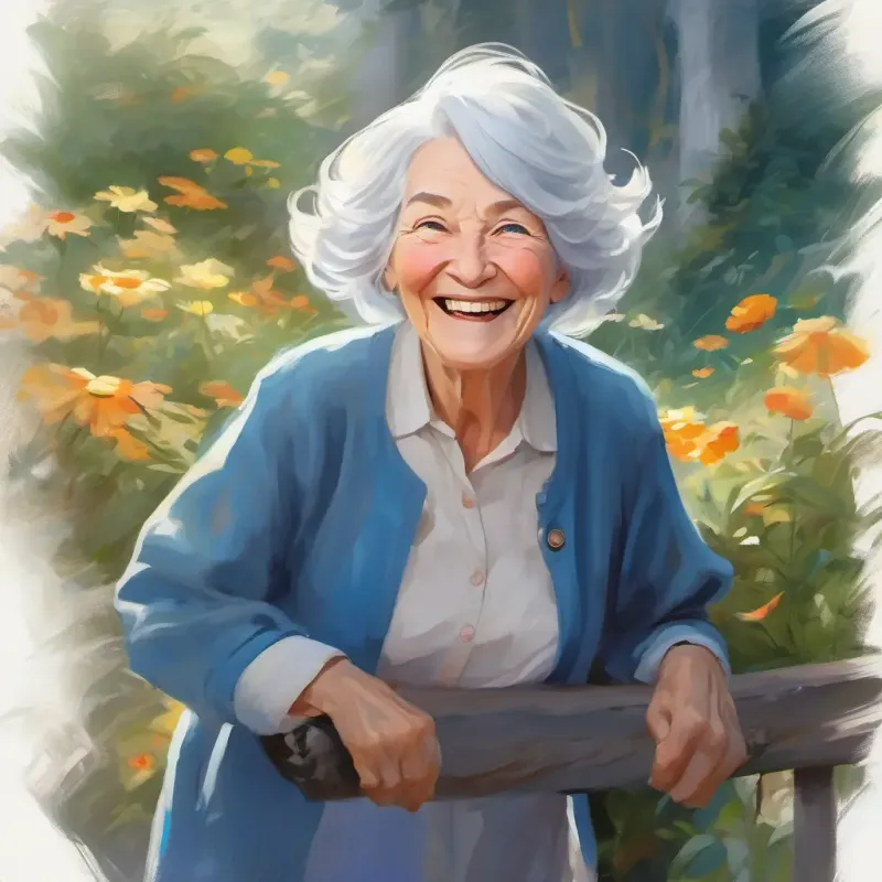 Elderly woman, silver hair, blue eyes, jolly laughter's joyful presence, reminiscent of mother