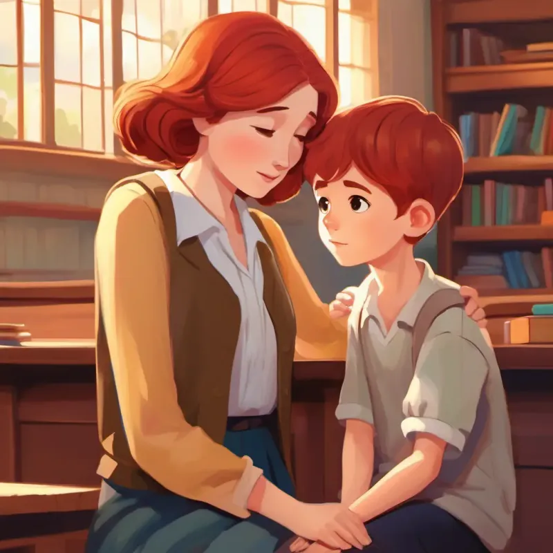 Caring teacher, red hair, brown eyes, melodious voice comforting Young boy, brown hair, brown eyes, tender expression, school setting