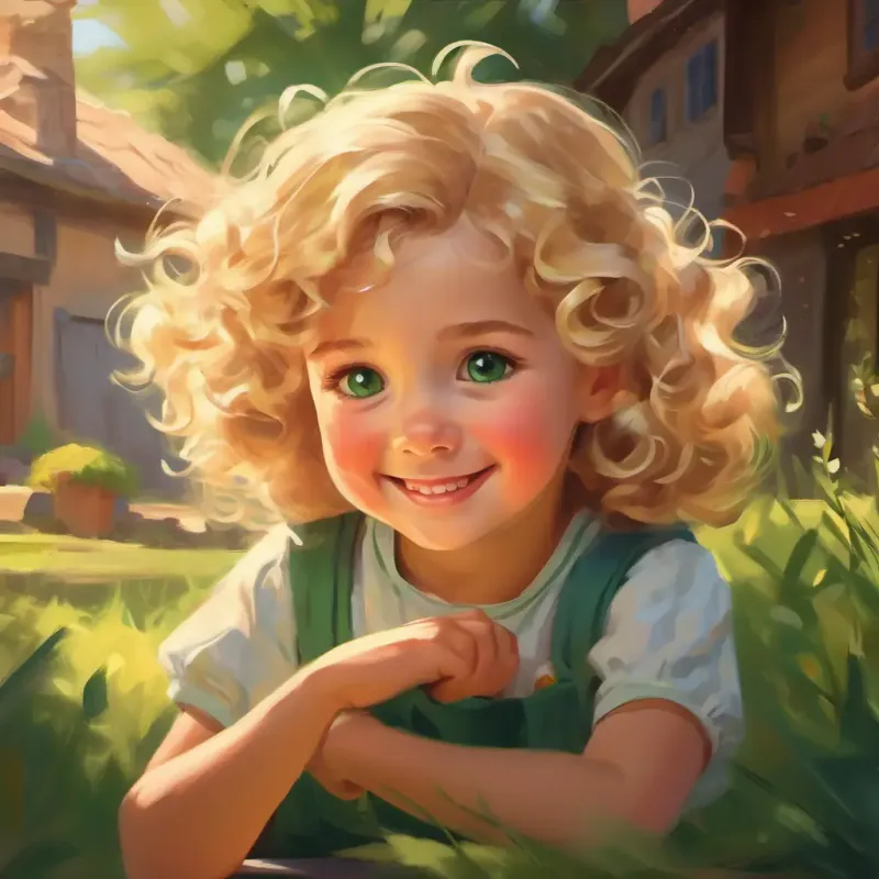 Little girl, blonde curls, green eyes, nostalgic smile embodying mother's role, playtime with friends