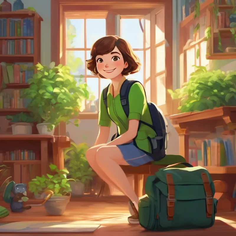 Introduction to Short brown hair, bright green eyes, always wears a big smile's room, discovery of the magic backpack