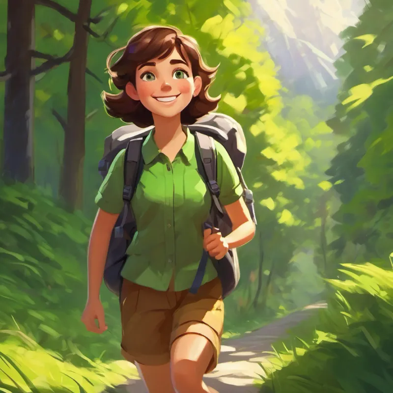 Short brown hair, bright green eyes, always wears a big smile interacts with the backpack, introduction to the adventure