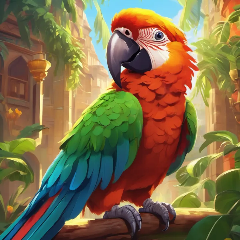 Short brown hair, bright green eyes, always wears a big smile's first magical location, meeting Colorful feathers, wise eyes, friendly parrot with a penchant for stories the parrot