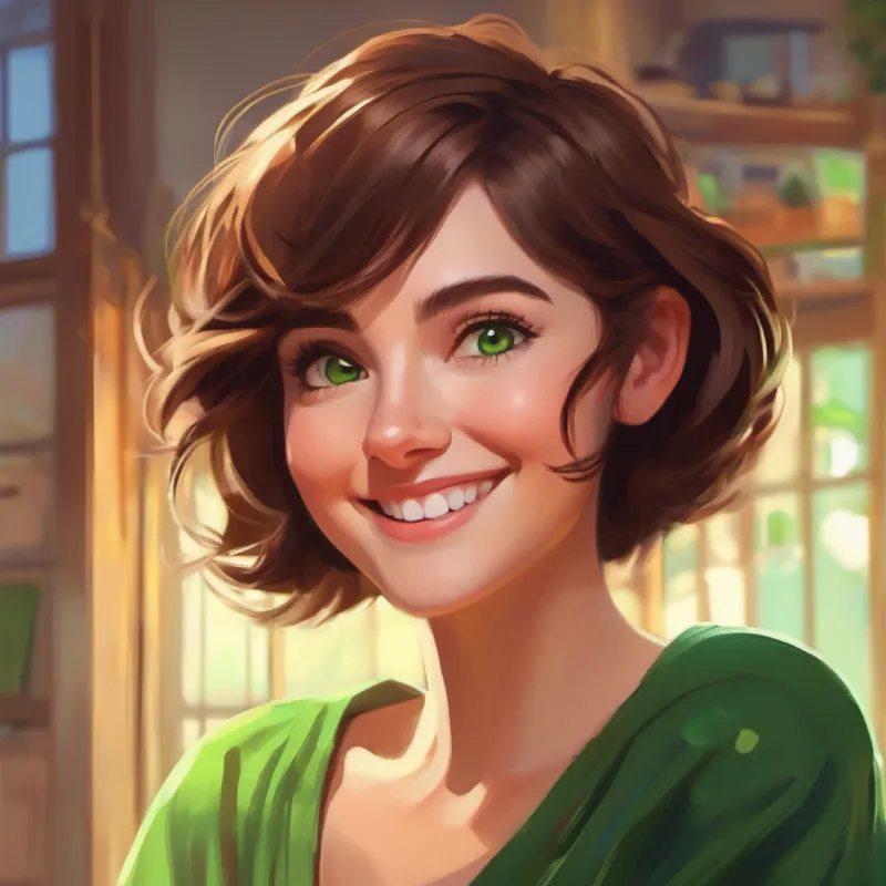 Short brown hair, bright green eyes, always wears a big smile gains courage, realization of personal growth