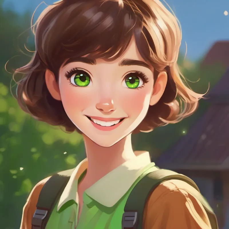 Short brown hair, bright green eyes, always wears a big smile returns, feeling content and looking forward to more