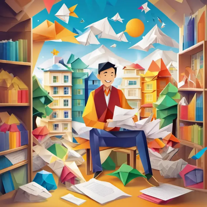 A sunny town with lots of colorful buildings, and A curious man with a big smile and twinkling eyes sitting in his cozy study with papers scattered all around him.