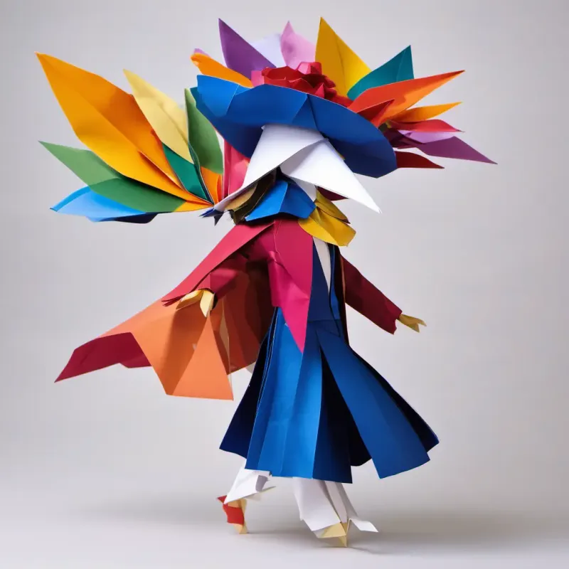 A meticulously dressed A lively person with a feathered hat and a colorful scarf, with a feathered hat and a colorful scarf, hopping and skipping into Galileo's study.