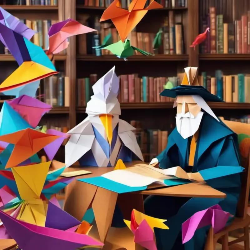 Lots of laughter and animated conversation, with Galileo and the A lively person with a feathered hat and a colorful scarf chatting excitedly in the lively study.