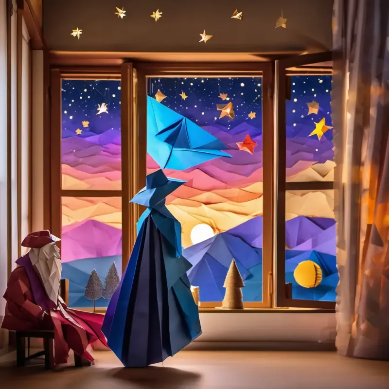A beautiful sunset outside the window, with Galileo and the A lively person with a feathered hat and a colorful scarf waving goodbye under the twinkling stars.