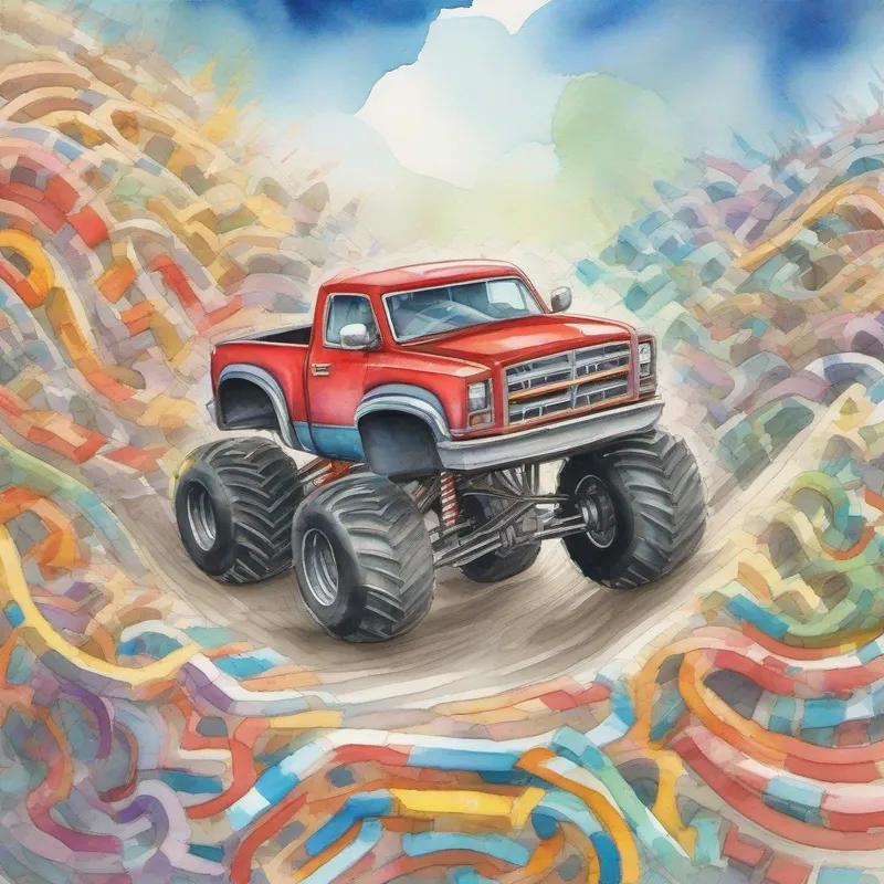 Monster trucks driving through a colorful marble maze.