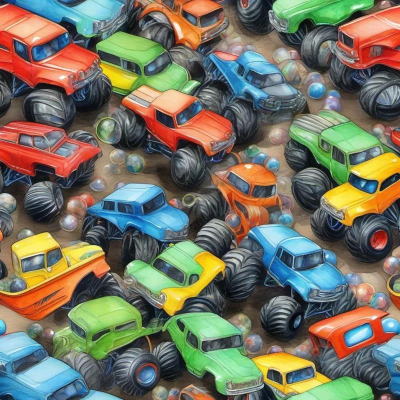 Monster trucks collecting different colored marbles.