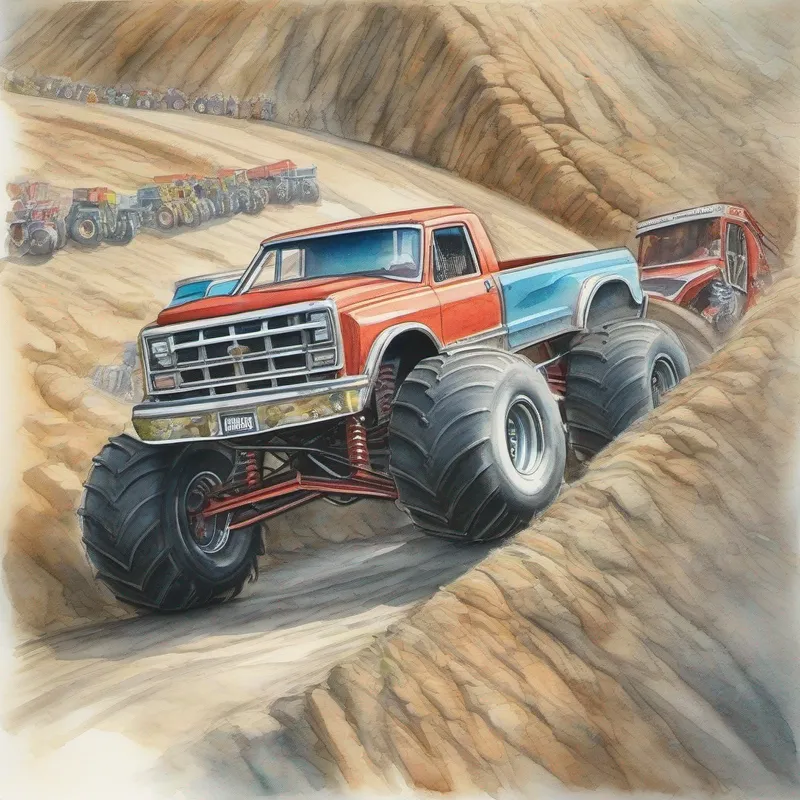 Monster trucks climbing a tall ramp.