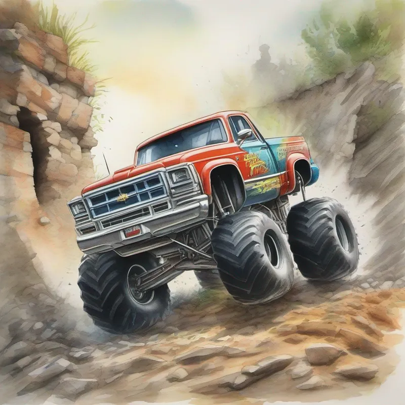 Monster trucks breaking through a wall to create a path.