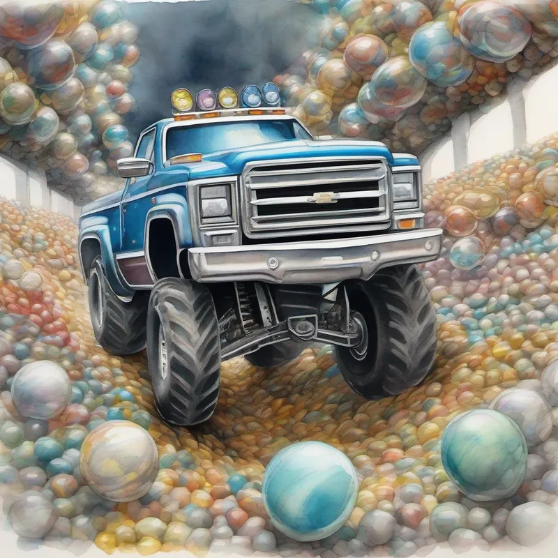 Monster trucks driving through a swirling tunnel of marbles.