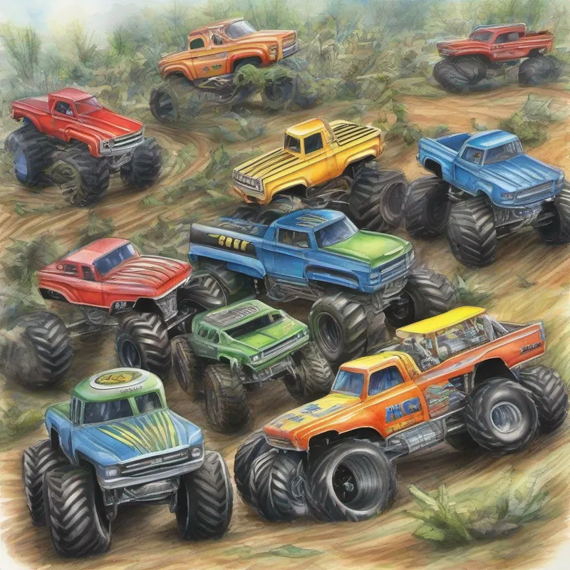 Monster trucks celebrating their victory at the end of the maze.