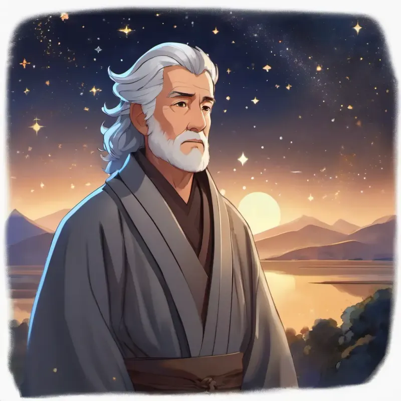Introduction to Man with grey hair, brown eyes, wears a long robe, nighttime, stars visible.
