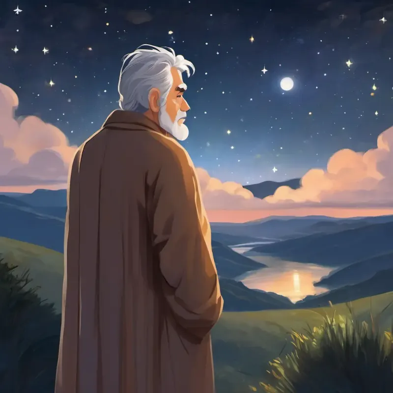 Man with grey hair, brown eyes, wears a long robe observing stars, pondering, night setting.