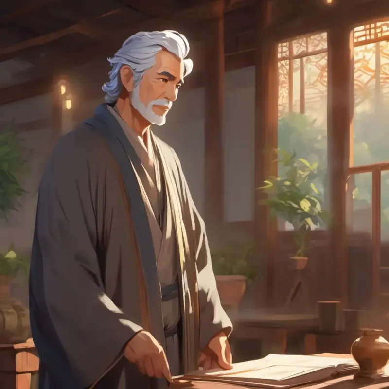 Man with grey hair, brown eyes, wears a long robe presenting his findings to the public, passionate.