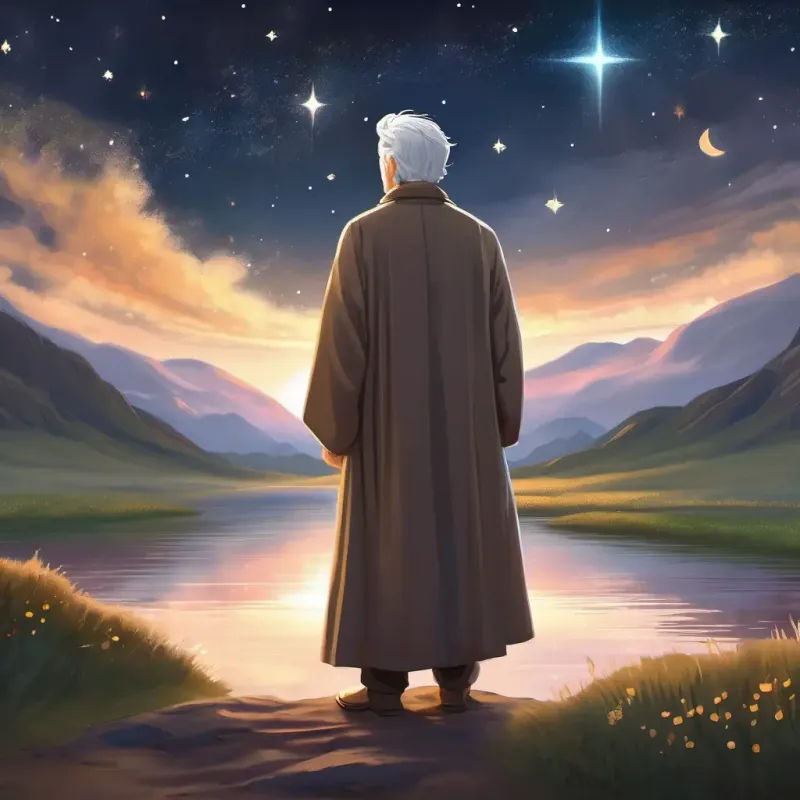 Reflective ending, Man with grey hair, brown eyes, wears a long robe looking at the stars, hopeful.