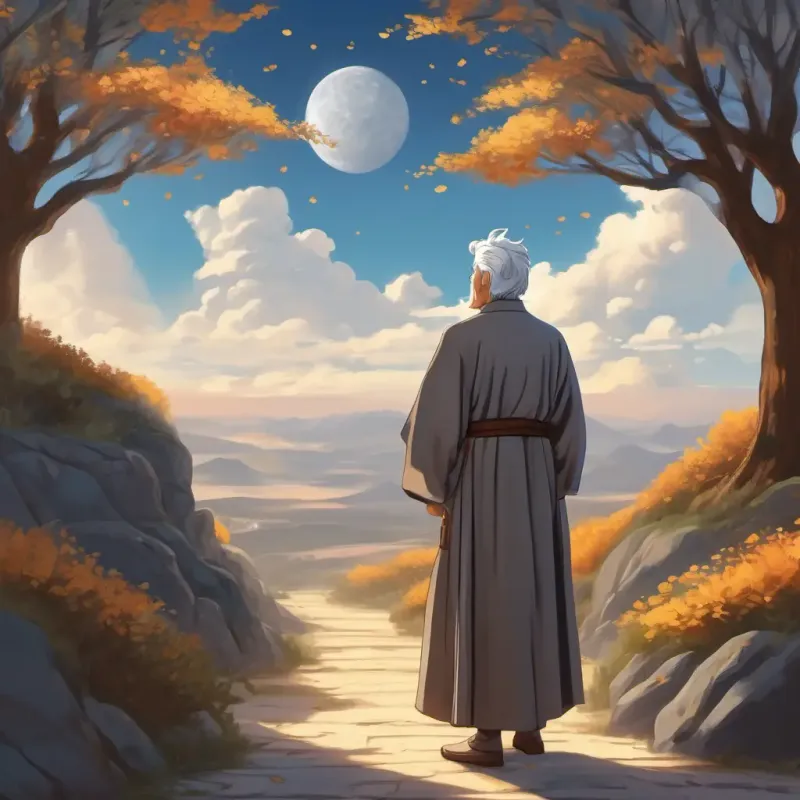 Man with grey hair, brown eyes, wears a long robe saving coins, yearning for a better view of the sky.