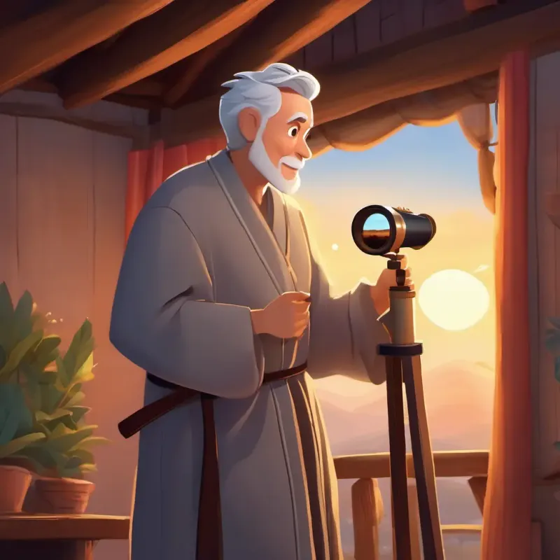 Man with grey hair, brown eyes, wears a long robe excited with his new telescope, day setting.