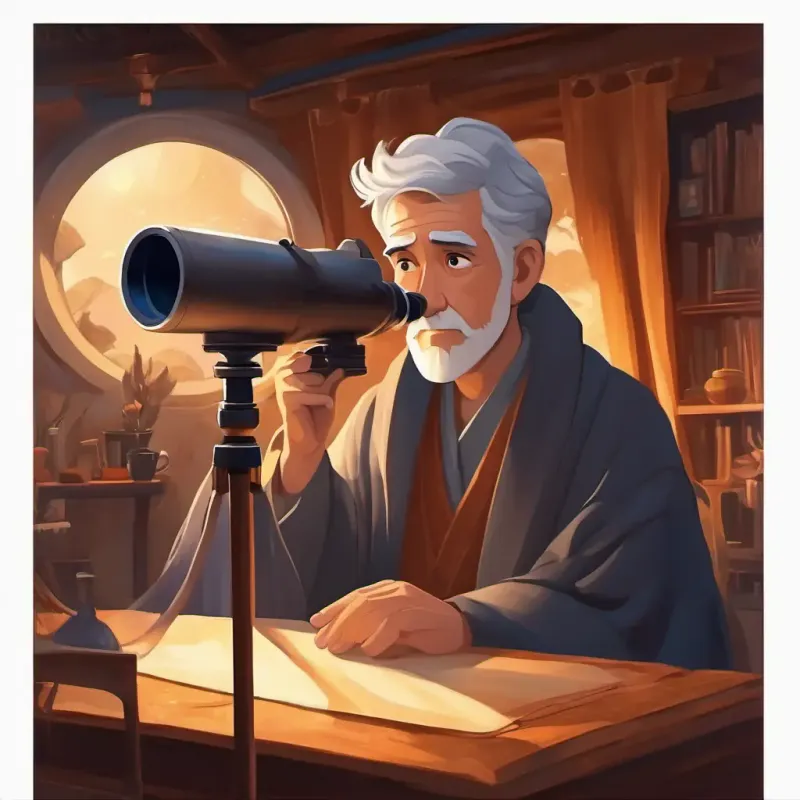 Man with grey hair, brown eyes, wears a long robe's first look through telescope, discovery, night.
