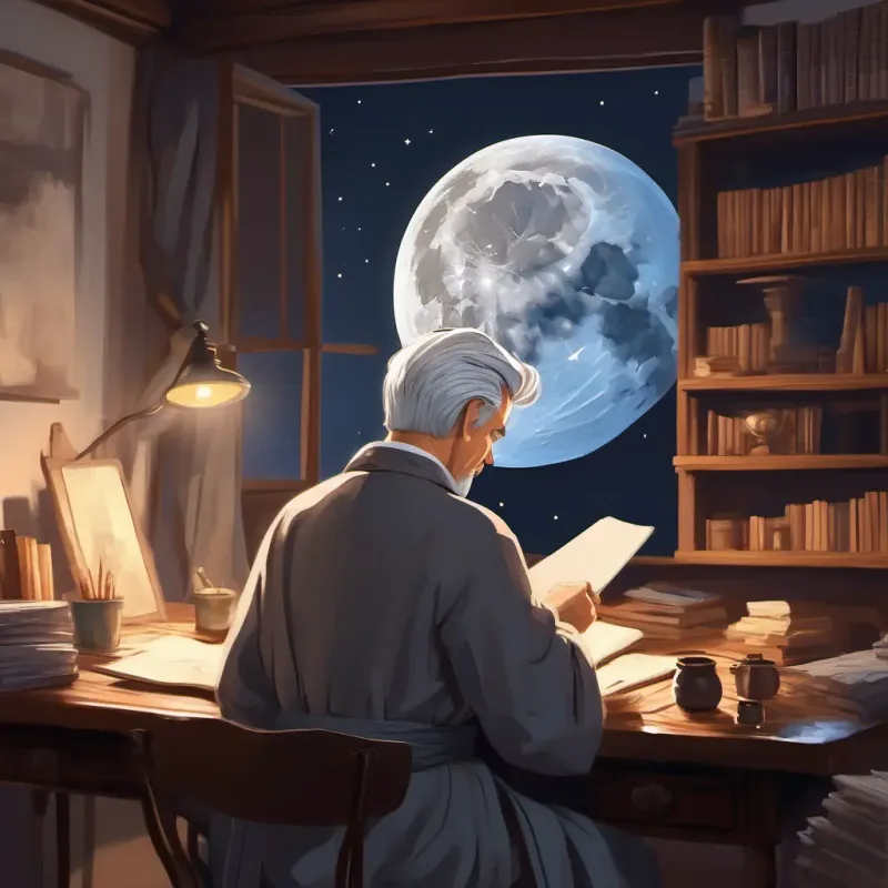 Man with grey hair, brown eyes, wears a long robe at his desk, sketching the moon, focused.