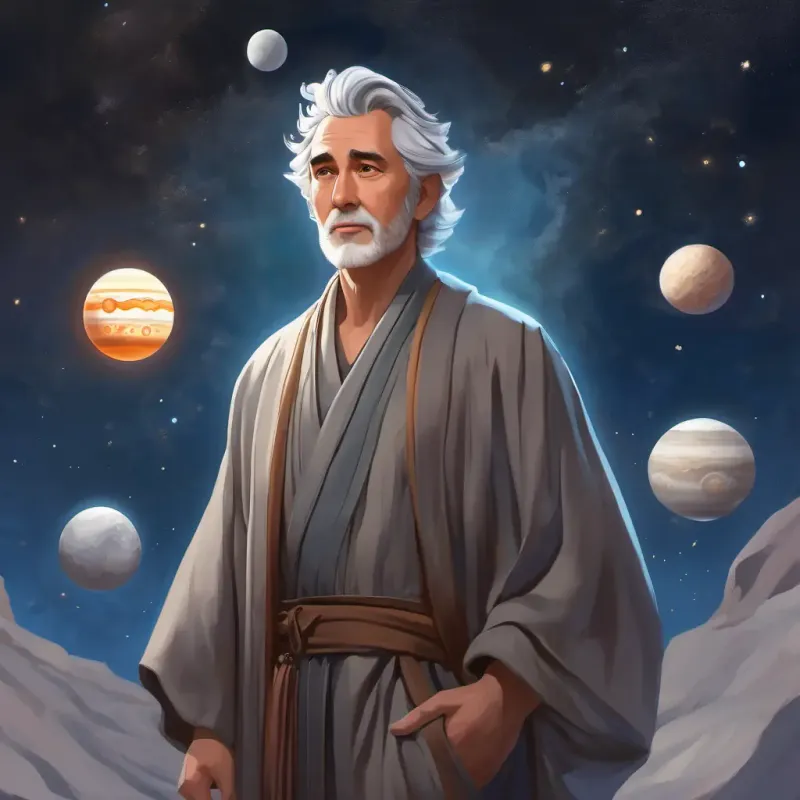 Man with grey hair, brown eyes, wears a long robe's revelation of Jupiter's moons, moment of discovery.