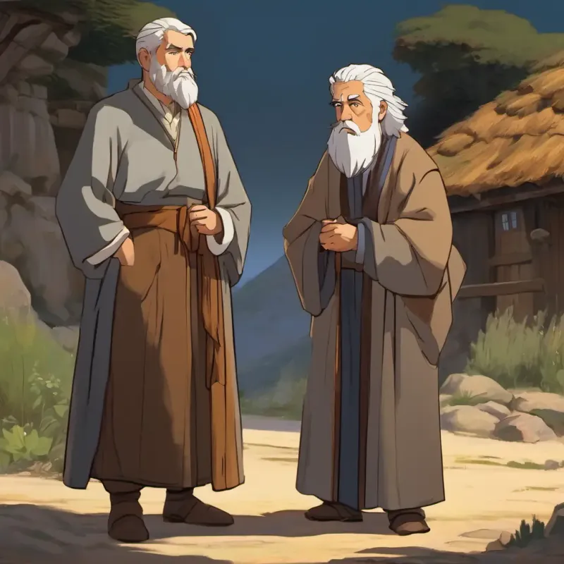 Skeptical townsfolk discussing Man with grey hair, brown eyes, wears a long robe's findings, distrustful.