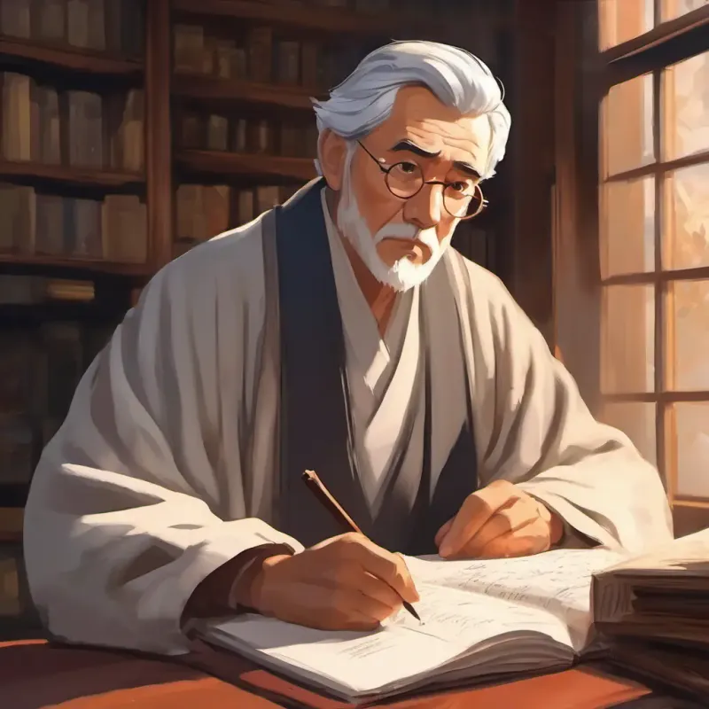 Persistent Man with grey hair, brown eyes, wears a long robe writing his observations, studious.