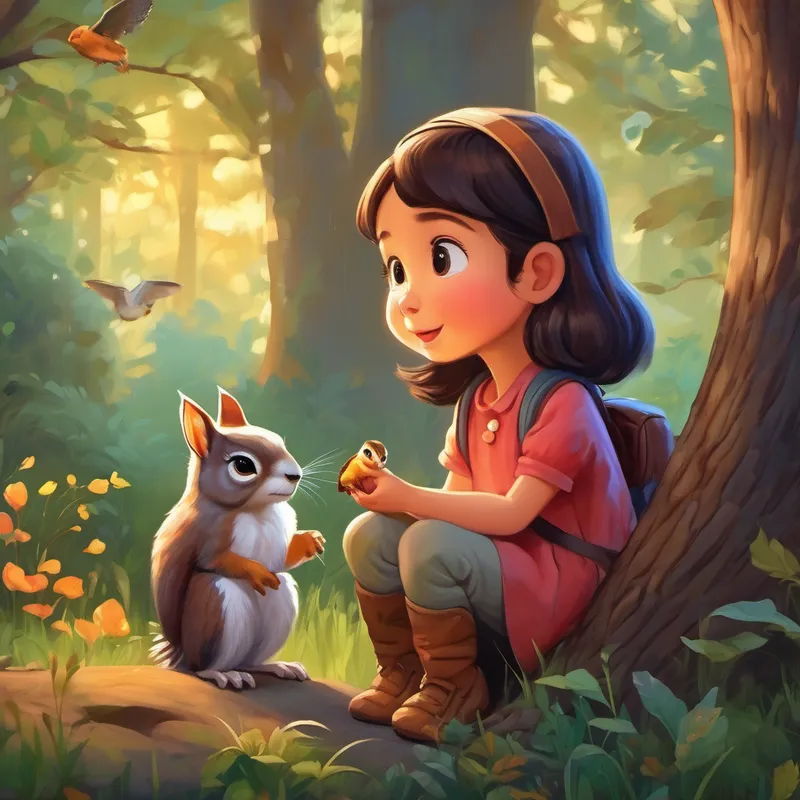 little girl with a kind heart and caring nature talking to a squirrel and an owl