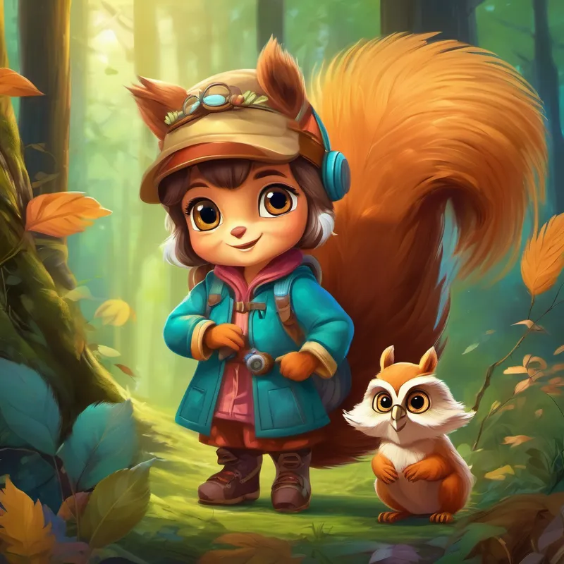 little girl with a kind heart and caring nature, Mischievous squirrel with a fluffy tail and bright eyes, and Wise old owl with wise eyes and feathers of different colors exploring the forest