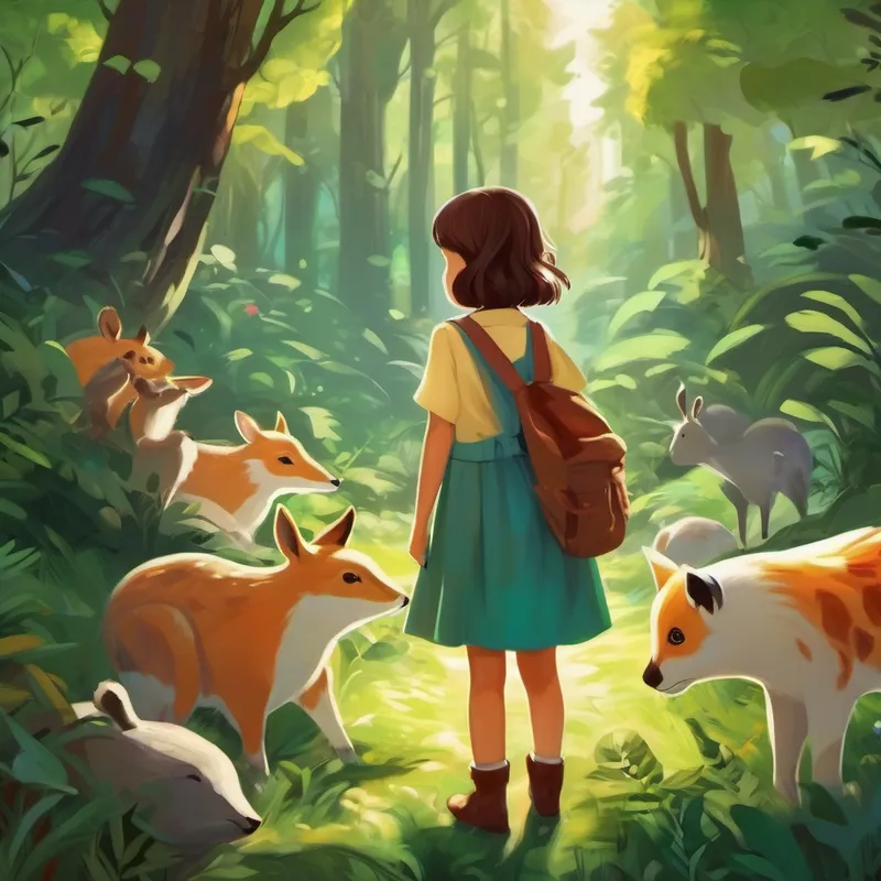 little girl with a kind heart and caring nature surrounded by animals in the forest