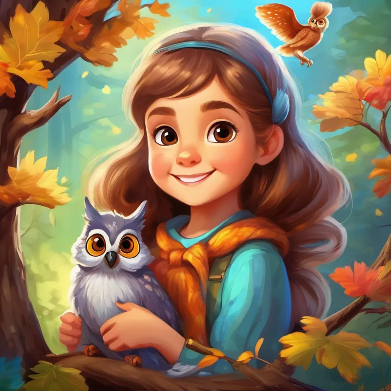 little girl with a kind heart and caring nature, Mischievous squirrel with a fluffy tail and bright eyes, and Wise old owl with wise eyes and feathers of different colors smiling and having fun