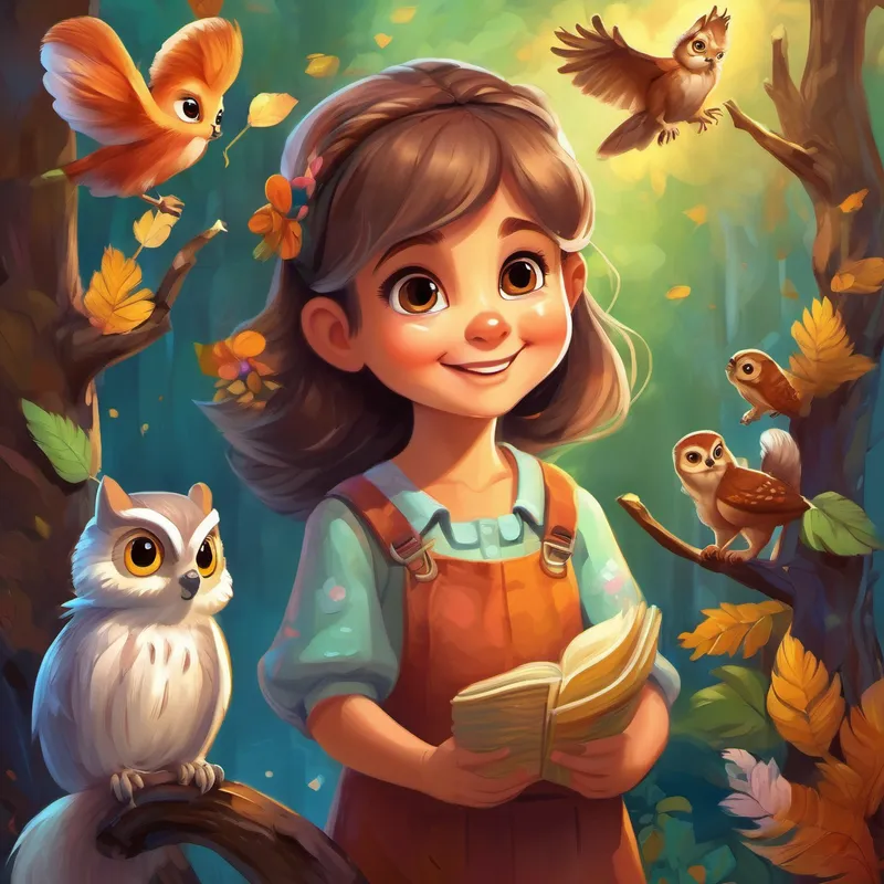 little girl with a kind heart and caring nature, Mischievous squirrel with a fluffy tail and bright eyes, and Wise old owl with wise eyes and feathers of different colors in a joyful celebration