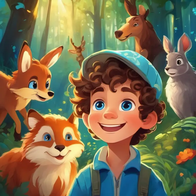 Introduction to the magical forest, A young boy with curly brown hair, bright blue eyes, and a big smile's discovery of the talking animals, and his excitement.