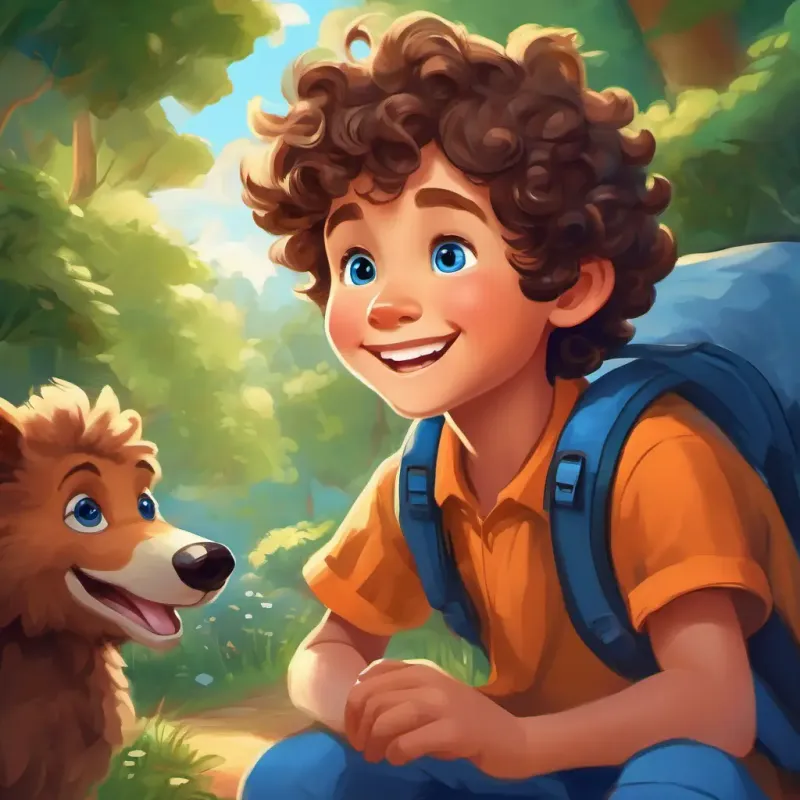 A young boy with curly brown hair, bright blue eyes, and a big smile learning important lessons from the talking animals, their activities and what he learns from them.