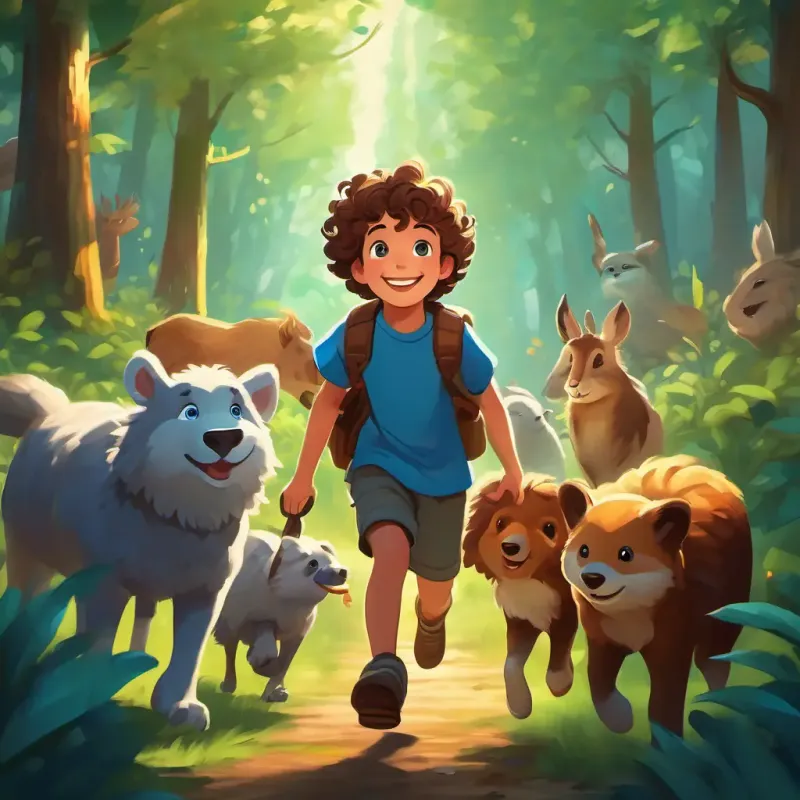 The forest facing a danger, A young boy with curly brown hair, bright blue eyes, and a big smile leading the animals to safety, and them celebrating their friendship.