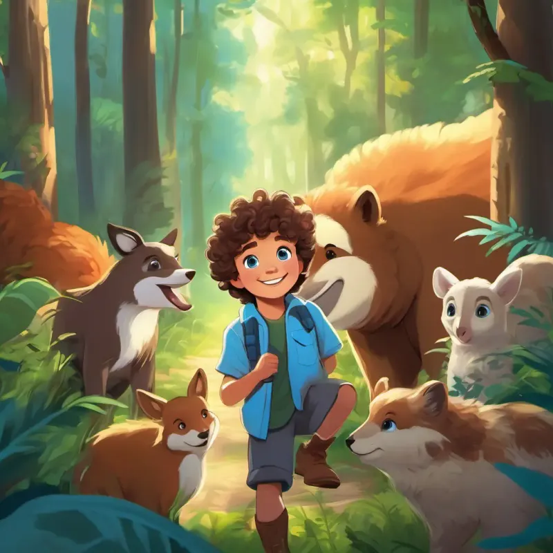 A young boy with curly brown hair, bright blue eyes, and a big smile and the animals becoming closer and making a promise to take care of the forest. Conclusion of the story.