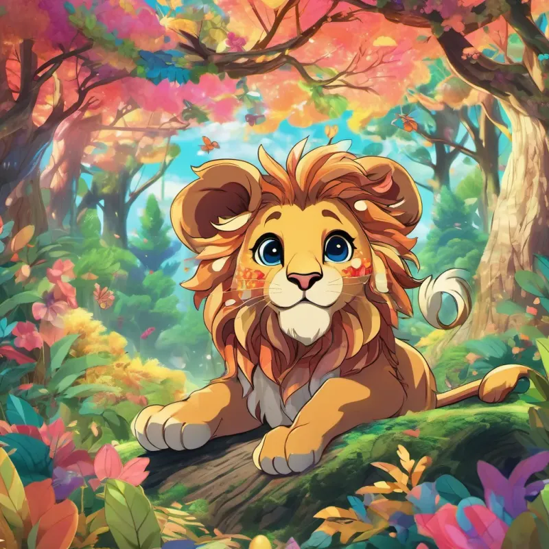 A cute lion cub with a small mane waking up in a whimsical forest called Whimsywood, filled with colorful trees and fantastical elements.