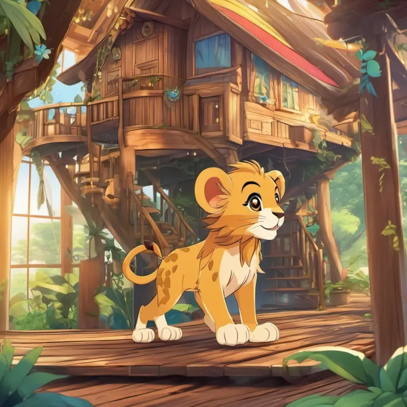 A lion cub running across a wooden floor in a cozy, whimsically decorated treehouse, with cute mouse footprints.