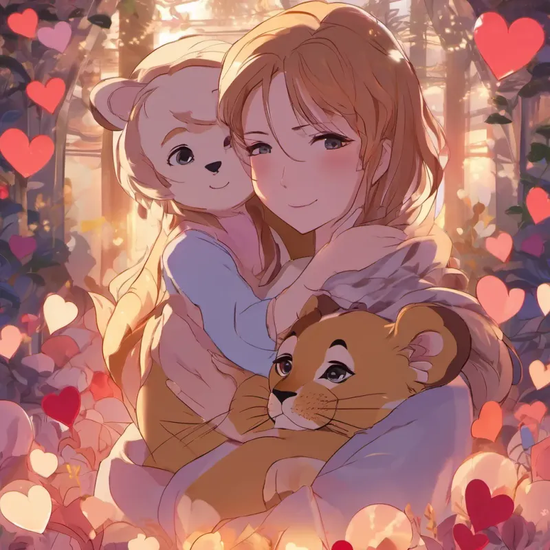 A warm, affectionate scene of a mother lioness hugging her lion cub, surrounded by hearts and warm light.