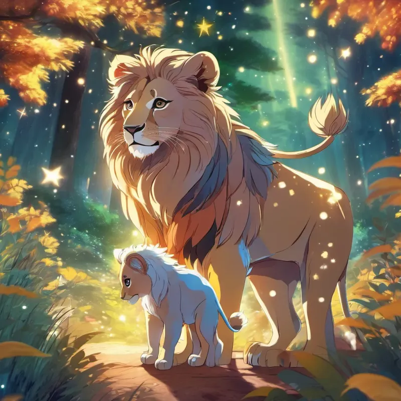 Lion cub A young lion cub with a small, fluffy mane, full of energy and creativity and his mother enjoying a wonderful time in a whimsical forest, with stars twinkling overhead.