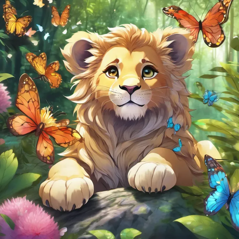 Lion cub A young lion cub with a small, fluffy mane, full of energy and creativity with a mischievous but lovable expression on his face, surrounded by butterflies in a magical forest.