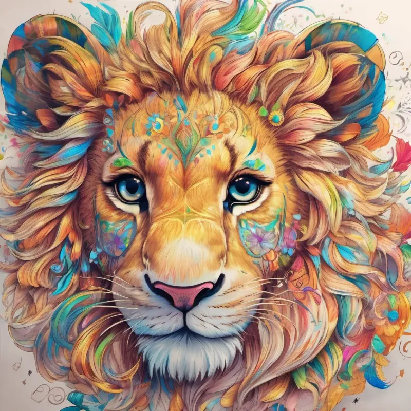 Lion cub A young lion cub with a small, fluffy mane, full of energy and creativity drawing on a large scroll with colorful crayons, with magical, whimsical drawings coming to life on the paper.