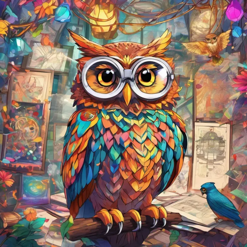 A wise owl with big glasses looking at the drawings and hooting happily, with vibrant colors all around.